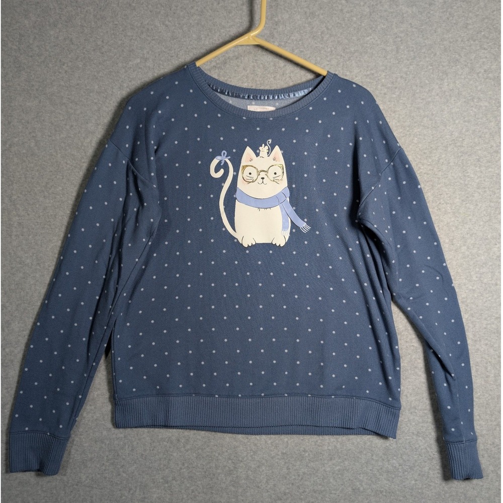 LC Lauren Conrad Womens Small Blue Polka Dot Cat‎ Graphic Loungewear Sweatshirt